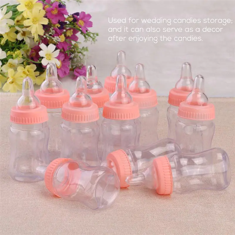 12pcs Mini Candy Clear Plastic Pink Feeder Bottle Candy Box For Wedding Party Birthday Baby Shower Favors Gifts - Image 2