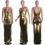 2017 New Fashion Women PU Leather Bandage Dress Backless Sexy Party Evening Long Maternity Dresses Braces Skirt Gold Silver Sale - Image 5