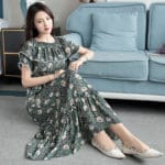 2017 new summer maternity dress chiffon floral skirt a word collar splicing a small lace pregnant women dress - Image 3