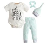 4 pcs Newborn Baby Baby Boys Girls Clothing Deer Short Sleeve White Bodysuit Tops + Trousers + Headband + Cap Toddler Outfit Set