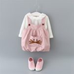 Autumn Baby Girls Cotton Long Sleeve Lace Collar Blouse + Cartoon Cat Overalls Kids Two Pieces Dress Vestidos roupas de bebe