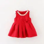Autumn Baby Girls Red Lace Sleeveless Pearls Necklace Kids Dress Infant Party Tutu Sundress vestidos roupas de bebe