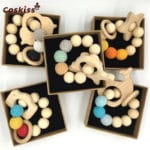 Baby Bracelet Wooden Animal Teether Eco-friendly Baby Teething Toys Infant Chew Bangle Shaped Rattle Baby Teether Gift