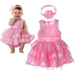 Baby Infant Girls Clothing Pink Rose Silk Dress Tutu Ball Flower Baby Dress Princess Wedding + Headband Summer - Image 3