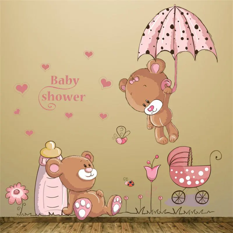 Cute Couple Bears Umbrella Wall Stickers For Kids Rooms Wall Decal Art Children Bedroom Decor Nursery baby shower gift - Image 2