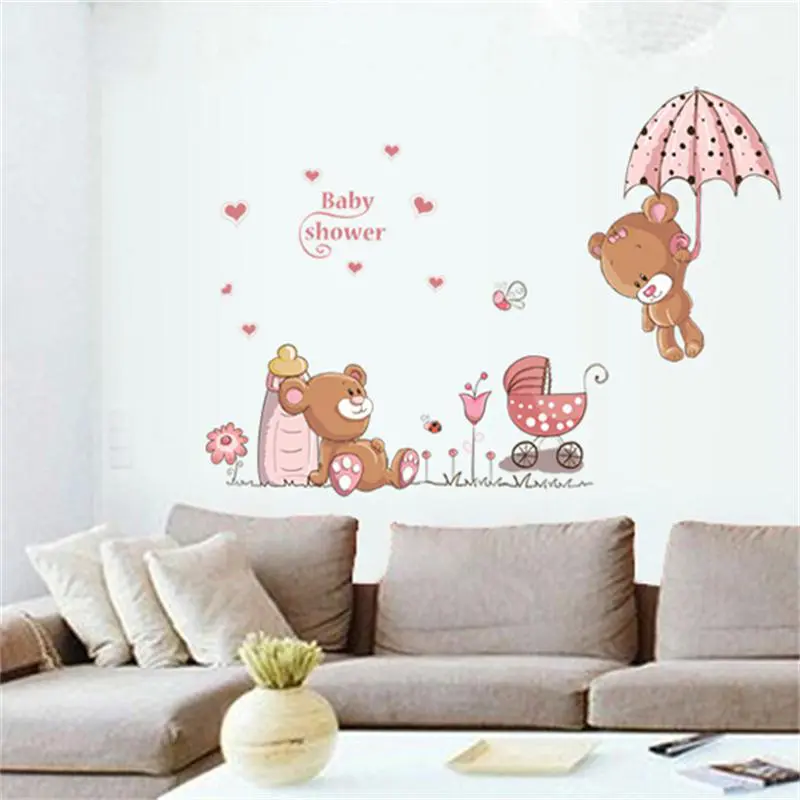 Cute Couple Bears Umbrella Wall Stickers For Kids Rooms Wall Decal Art Children Bedroom Decor Nursery baby shower gift - Image 3