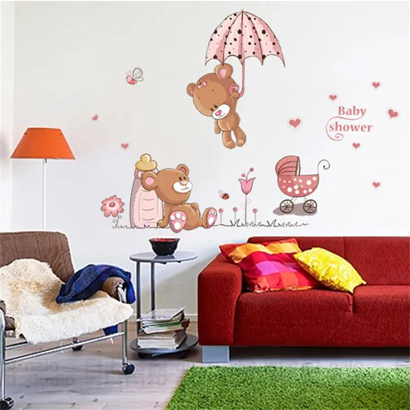Cute Couple Bears Umbrella Wall Stickers For Kids Rooms Wall Decal Art Children Bedroom Decor Nursery baby shower gift - Image 4