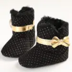 Gold Bow Winter Crib Boots Branded Soft Sole Baby Moccasins Wool Kids Snow Shoes Toddler Sneakers First Walker Warm Dots Booties - Image 3