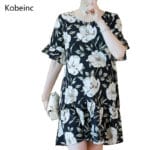 Kobeinc Summer Fashion Flower Printing Maternity Dress Cross Hollow Out Back Vestidos Premama Flouncing Sleeves Pregnancy Jurken