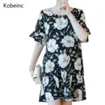 Kobeinc Summer Fashion Flower Printing Maternity Dress Cross Hollow Out Back Vestidos Premama Flouncing Sleeves Pregnancy Jurken