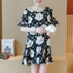 Kobeinc Summer Fashion Flower Printing Maternity Dress Cross Hollow Out Back Vestidos Premama Flouncing Sleeves Pregnancy Jurken - Image 3