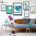 NICOLESHENTING Moon Cartoon Animal Giraffe Elephant Minimalist Art Canvas Poster Nursery Wall Picture Baby Kids Room Decoration