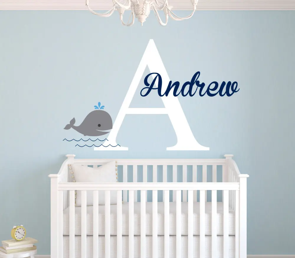 Personalized Name Wall Decal Whale Wall Stickers For Kids Room- Girls Name Wall Decal Customize DIY Baby Room Wall Art JW030