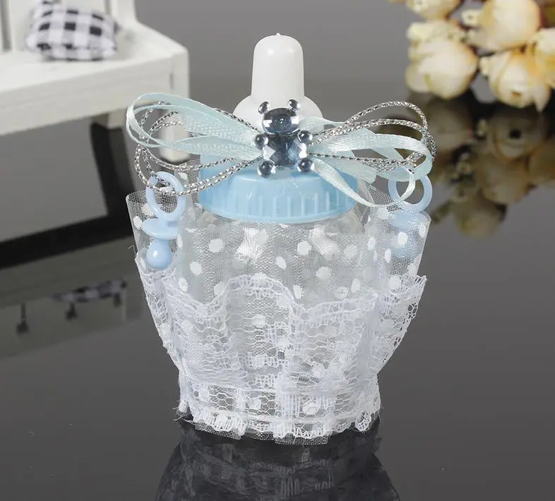 Plastic Blue/Pink Lace Feeder Feeding Bottle Candy Chocolate Box Boxes For Wedding Birthday Baby Shower Favors Gifts - Image 2