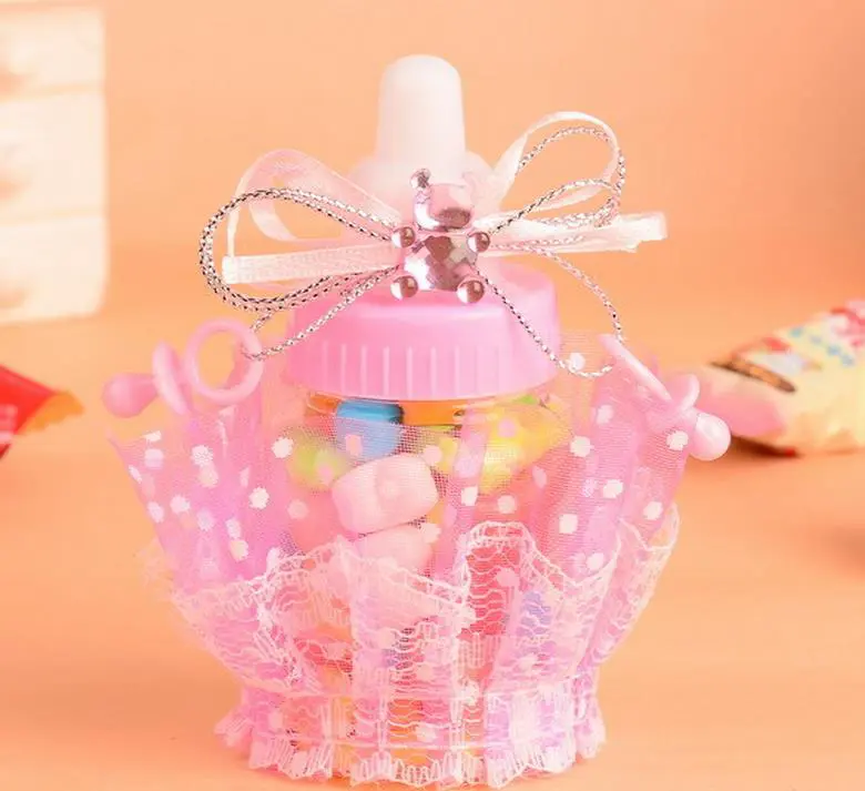 Plastic Blue/Pink Lace Feeder Feeding Bottle Candy Chocolate Box Boxes For Wedding Birthday Baby Shower Favors Gifts - Image 4