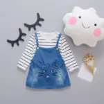 Spring Baby Girls Long Sleeve Striped Print T-shirt + Denim Jeans Overalls Dress Kids Two Pieces Dresses Vestidos roupas de bebe