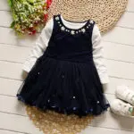 iAiRAY baby girl princess dress white pearl royal blue first birthday girl party dresses children clothing set white long shirt