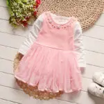 iAiRAY infant cute pink dress set girls spring clothes 1 year girl baby birthday dress with pearl collar long sleeve t shirt